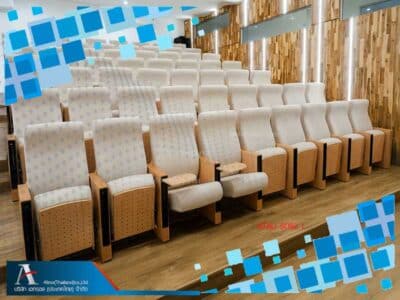 เก้าอี้หอประชุมมีแผ่นรองเขียน-ขาไม้วีเนียร-พนักพิงไม้วีเนียร